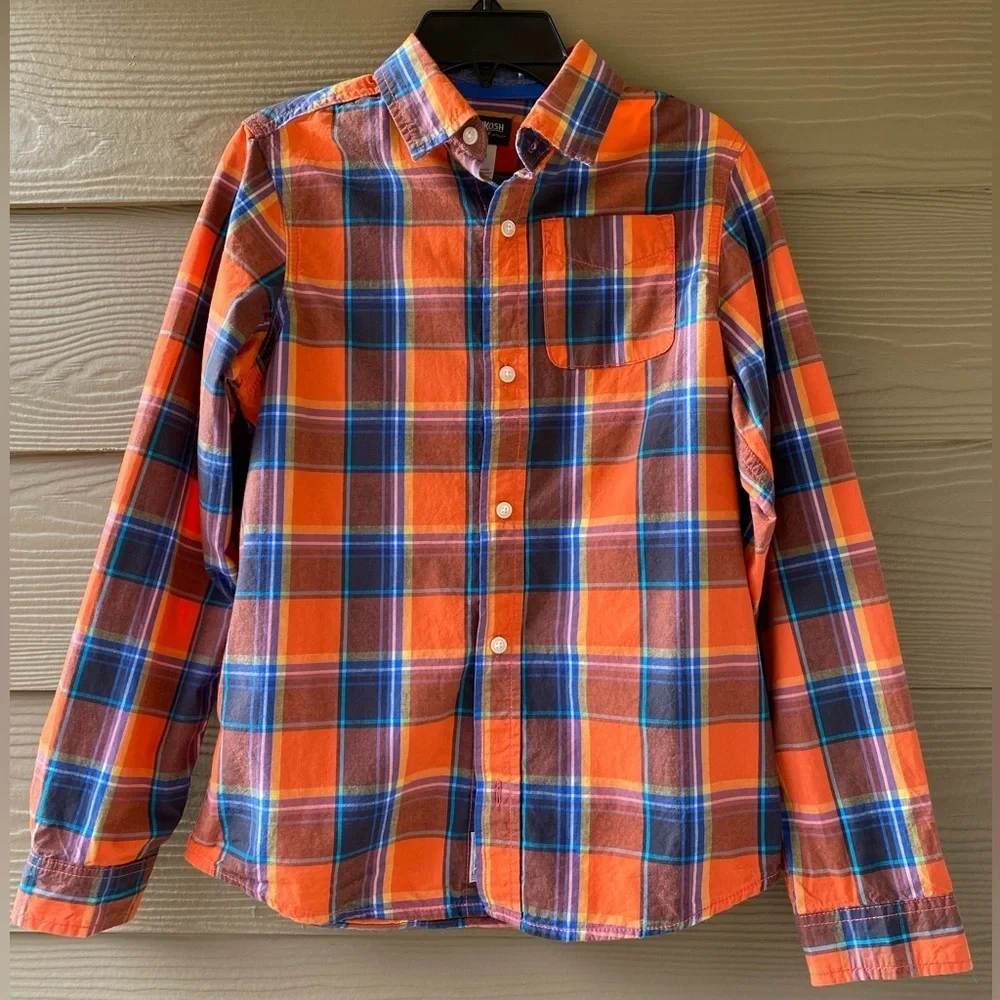 OshKosh B'Gosh Boys' Orange Blue Plaid Woven Buttonfront Cotton Shirt Size 14